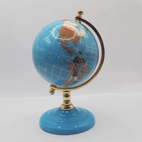 Semi-Precious Gemstone Globe 8" Stand Inlaid Brass Blue And Golden , VINTAGE - Picture 14 of 14
